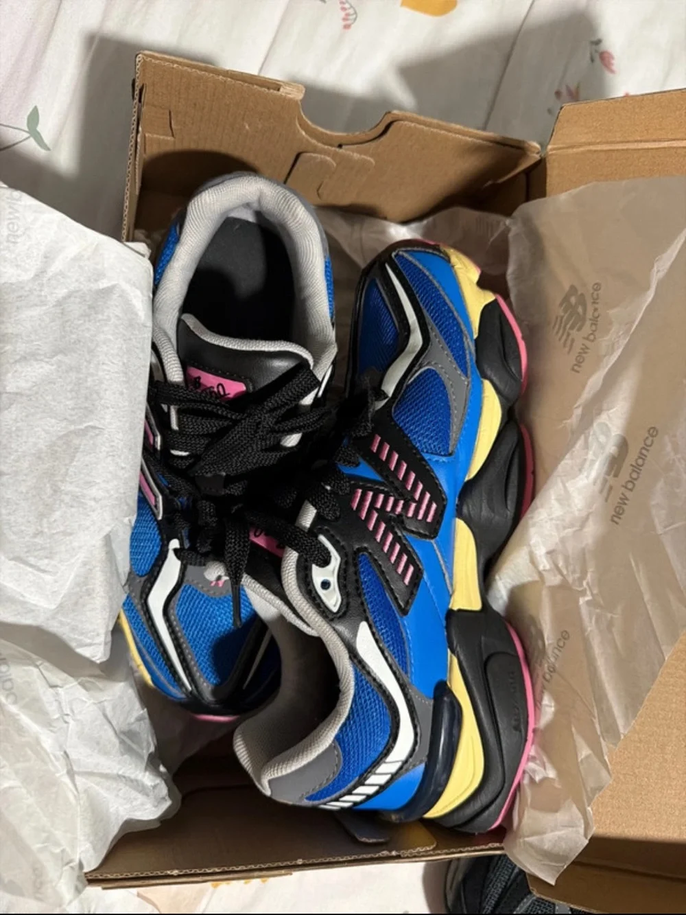 New Balance Kids Royal Blue Sneakers with Pink and Yellow Accents